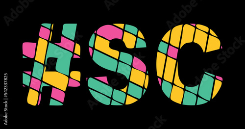 SC Hashtag. Tricolor isolated letters from contrast flowing fluid shapes. 3 colored Hashtag #SC is abbreviation for the US American state South Carolina for social network, web resources, mobile app