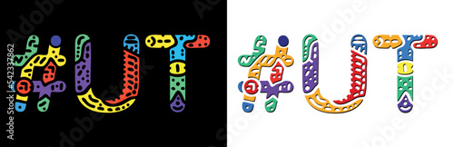 UT Hashtag. Multicolored bright isolate curves doodle letters. Hashtag #UT is abbreviation for the US American state Utah. Set for social network, web resources, mobile apps.