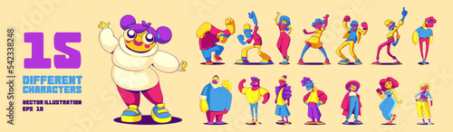 Set of contemporary characters, happy people in trendy clothes dance, posing, positive men and women rejoice and laugh. Adults and teenagers millenial hipsters, Line art cartoon vector illustration