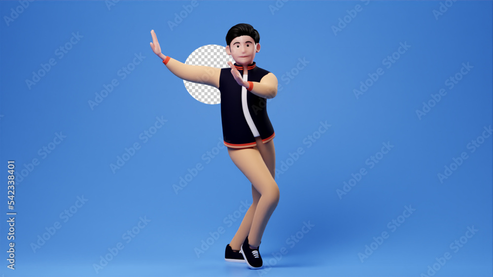 Casual man cartoon character good mood dancing moves raise hands, 3d render blue backdrop Casual man cartoon character good mood dancing moves raise hands, 3d render blue backdrop