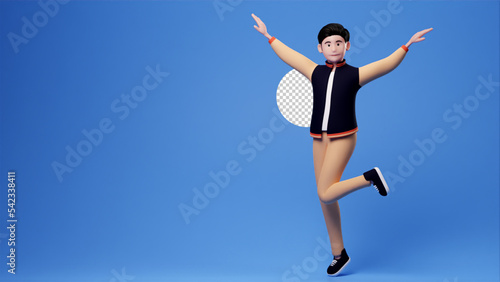 Casual man cartoon character attractive happy jumping, 3d render blue backdrop © Endru