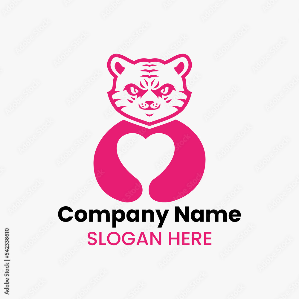 Tiger Love Logo Negative Space Concept Vector Template. Panther Holding Heart Symbol