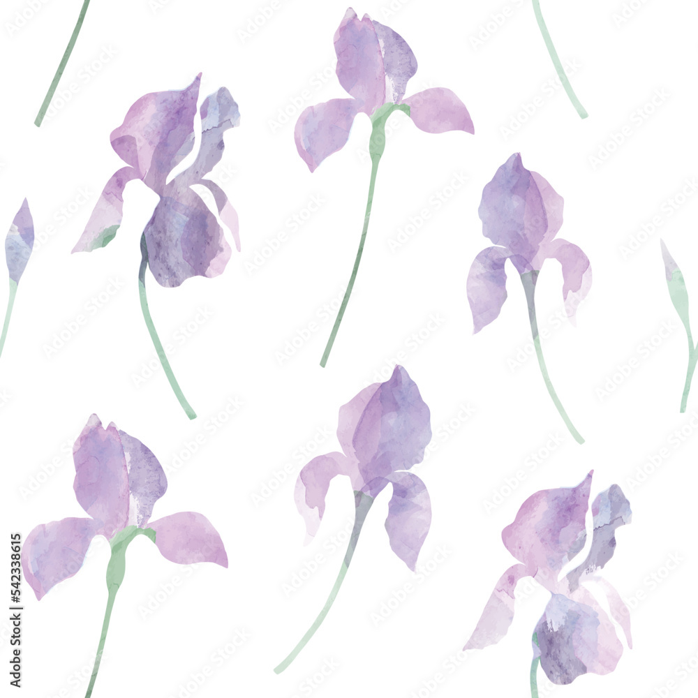 Vector seamless pattern with purple watercolor irises