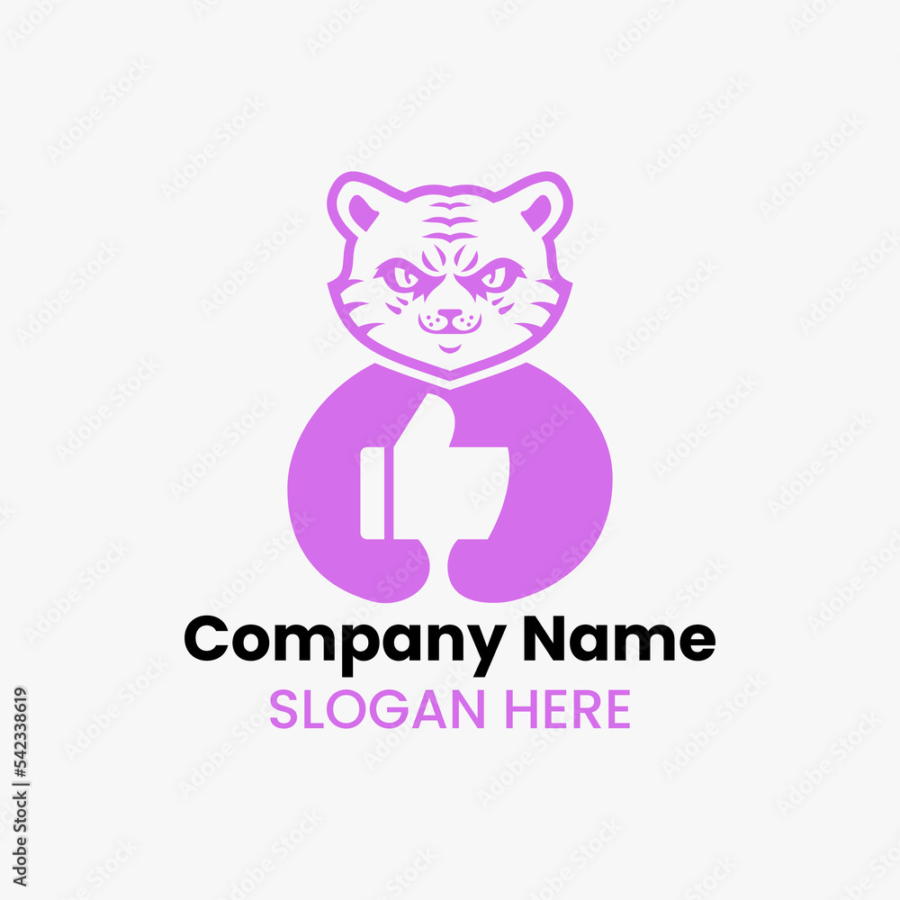 Tiger Thumbs Up Logo Negative Space Concept Vector Template. Panther Holding Like Symbol