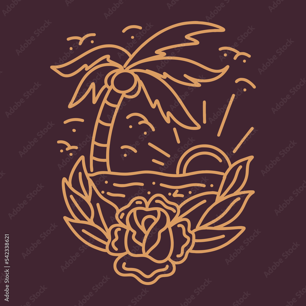 Fototapeta premium Premium Monoline sea ​​wave Vector illustration, sunrise ocean badge, creative emblem for T-shirt Design
