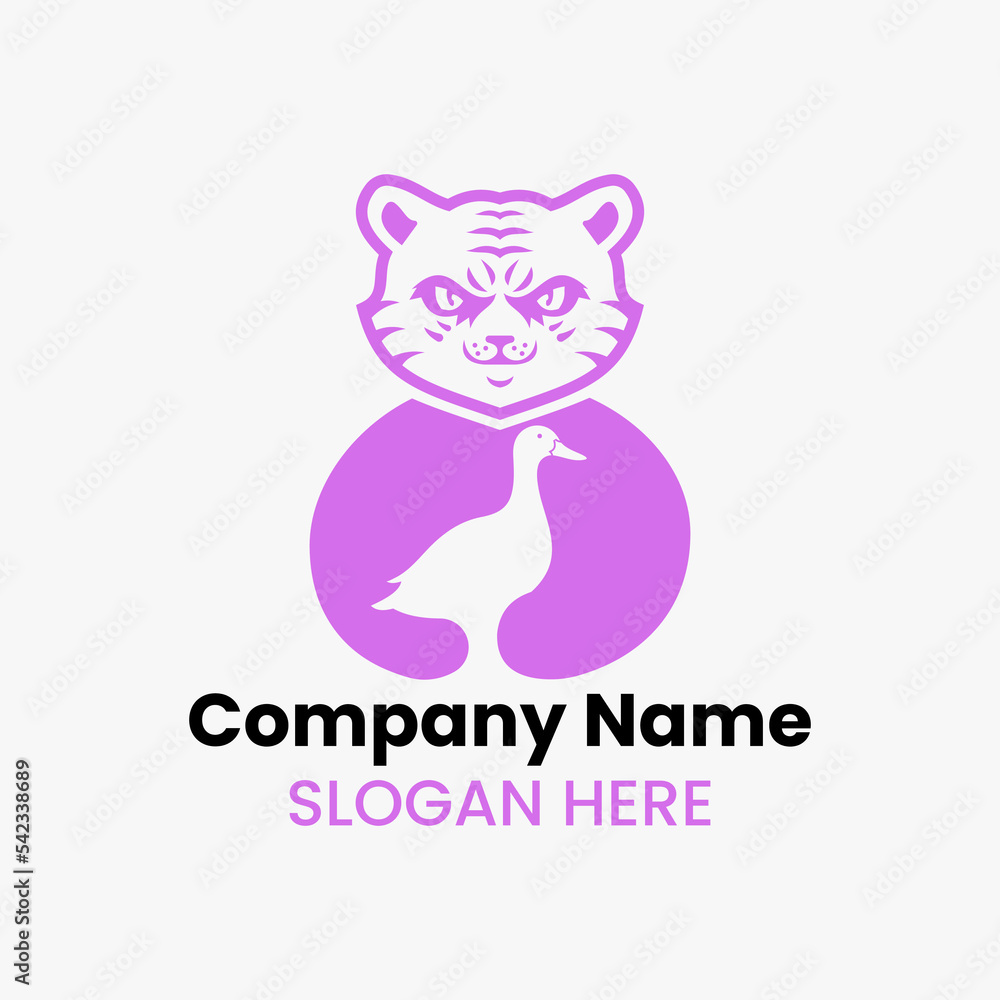 Tiger Duck Logo Negative Space Concept Vector Template. Panther Holding Duck Symbol Tiger Duck Logo Negative Space Concept Vector Template. Panther Holding Duck Symbol