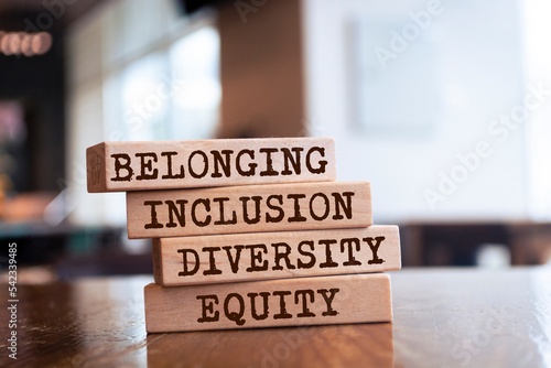 Wooden blocks with words 'equity, diversity, inclusion, belonging' on blur background.