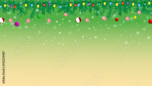 Colorful Merry Christmas greeting card with fir, snow, and Christmas ball, winter holiday greeting card celebration gradient green and yellow background illustration, perfect for backdrop, wallpaper