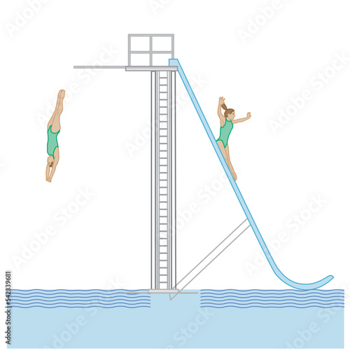 Push and Pull force vector illustration. Force, motion and friction concept. Easy science for kids. Educational illustrated scene