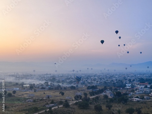  landscape with air balloon, hot air balloon over region country