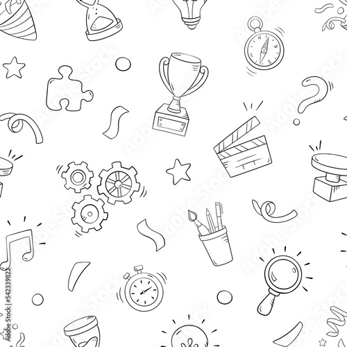Quiz seamless pattern in doodle style, vector illustration. Back to school concept, stationery symbols on a white background. Pattern hand drawn for print and game quiz