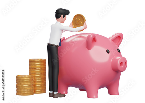 фотографія businessman carefully keeps gold coins in pink piggy bank, 3d rendering of busin