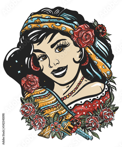 Mexican woman portrait. Latin ethnic girl in national clothes. Mexico people. Old school tattoo vector art. Hand drawn graphic. Isolated on white. Traditional flash tattooing