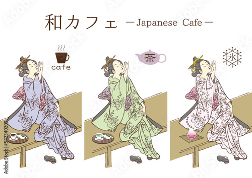 甘味を頬張る日本女性　和カフェ　カフェ　喫茶店　日本画　美人画　浮世絵　