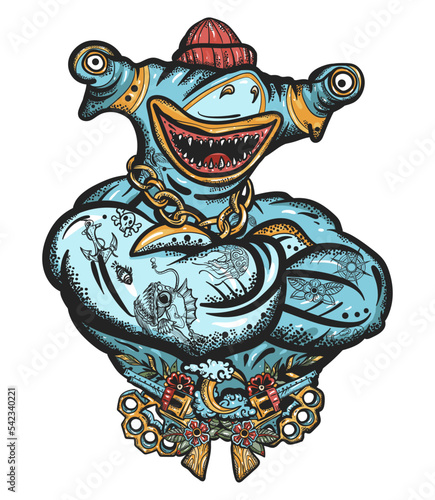 Strong hammerhead shark fish. Old school tattoo vector art. Hand drawn graphic. Isolated on white. Traditional flash tattooing