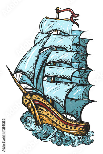 Pirate ship. Old school tattoo vector art. Hand drawn graphic. Isolated on white. Traditional flash tattooing