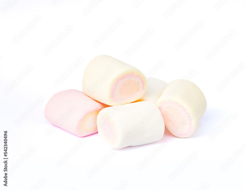 An image isolated close-up heap marshmallows a many color is a food junk or sweet food with clipping path on the white background . An image isolated close-up heap marshmallows a many color is a food junk or sweet food with clipping path on the white background .