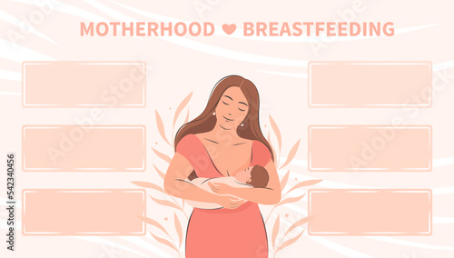 Banner about breastfeeding and motherhood. Woman  feeding baby. Tips for breastfeeding mothers. Infographics, different data, informations in frames about breastfeeding. Vector illustration.