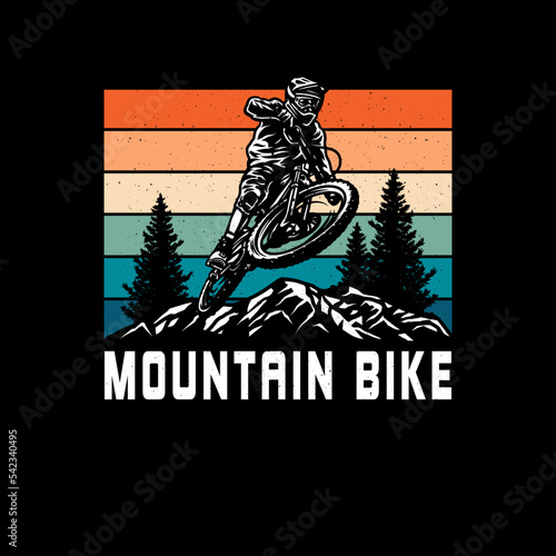 Mountain Biking t shirt graphic design, hand drawn line style with digital color, vector illustration