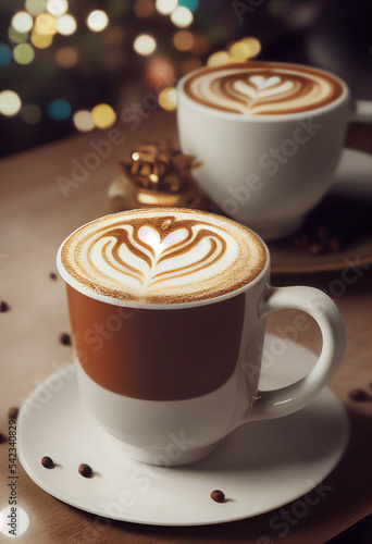 Delicious Spice Latte Close shot. Beautiful Cups, Delicate Milk Froth. For AD, UI, Web, Game, Novel, Cover, Poster.