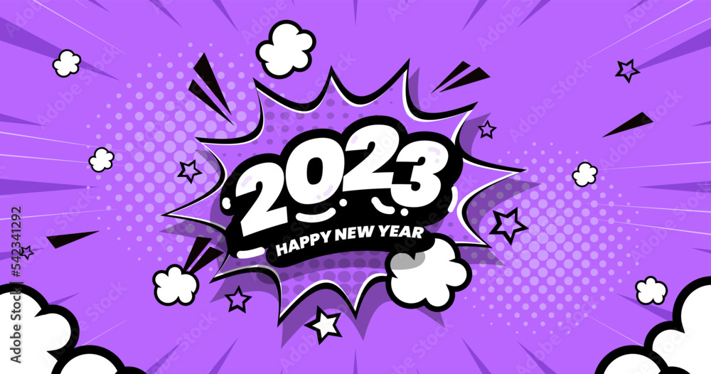 Happy New Year 2023. colorful background comic .light purple