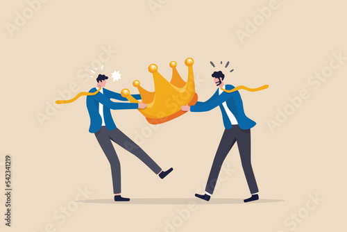 Staff conflict or employee argument, fighting for job promotion or jealousy colleague concept, angry coworker fighting by pulling golden crown metaphor of job promotion position.