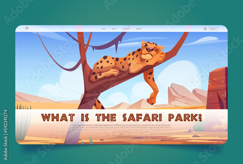 Safari park cartoon landing page with relaxed cheetah sleeping on tree branch. Invitation in national park with wild animals. Savannah inhabitants life, outdoor zoo booking tickets, Vector web banner