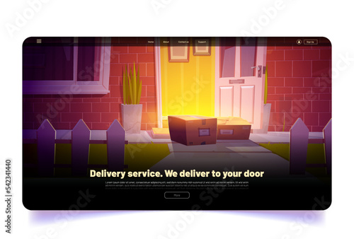 Delivery service cartoon landing page. Parcel boxes lying front of open door at home entrance. Courier work, shipping, logistic, postal transportation Vector web banner with carton packs at house yard
