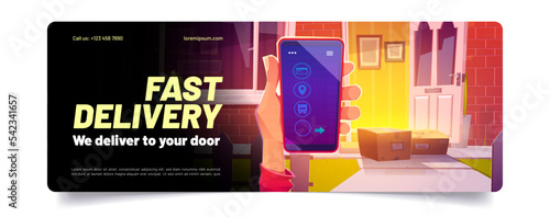 Fast delivery service cartoon web banner with carton boxes front of open home door. Hand holding smartphone with application for online shopping, Courier shipping, logistic Cartoon vector illustration