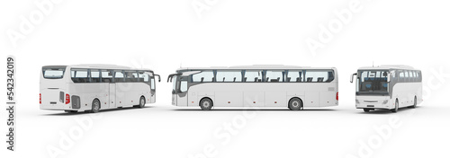 3D rendering bus set with blank surface for mockup branding, Coach Bus Mock-Up 3D illustration, Coach 3D Bus Front, Back, and Side view Isolated on white
