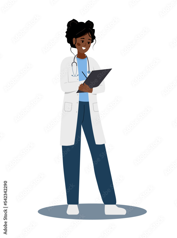 Female doctor writing medical prescription. African therapist in uniform holding clipboard with recipe for patient. Healthcare, treatment and pharmacy concept. Vector illustration in cartoon style. Female doctor writing medical prescription. African therapist in uniform holding clipboard with recipe for patient. Healthcare, treatment and pharmacy concept. Vector illustration in cartoon style.