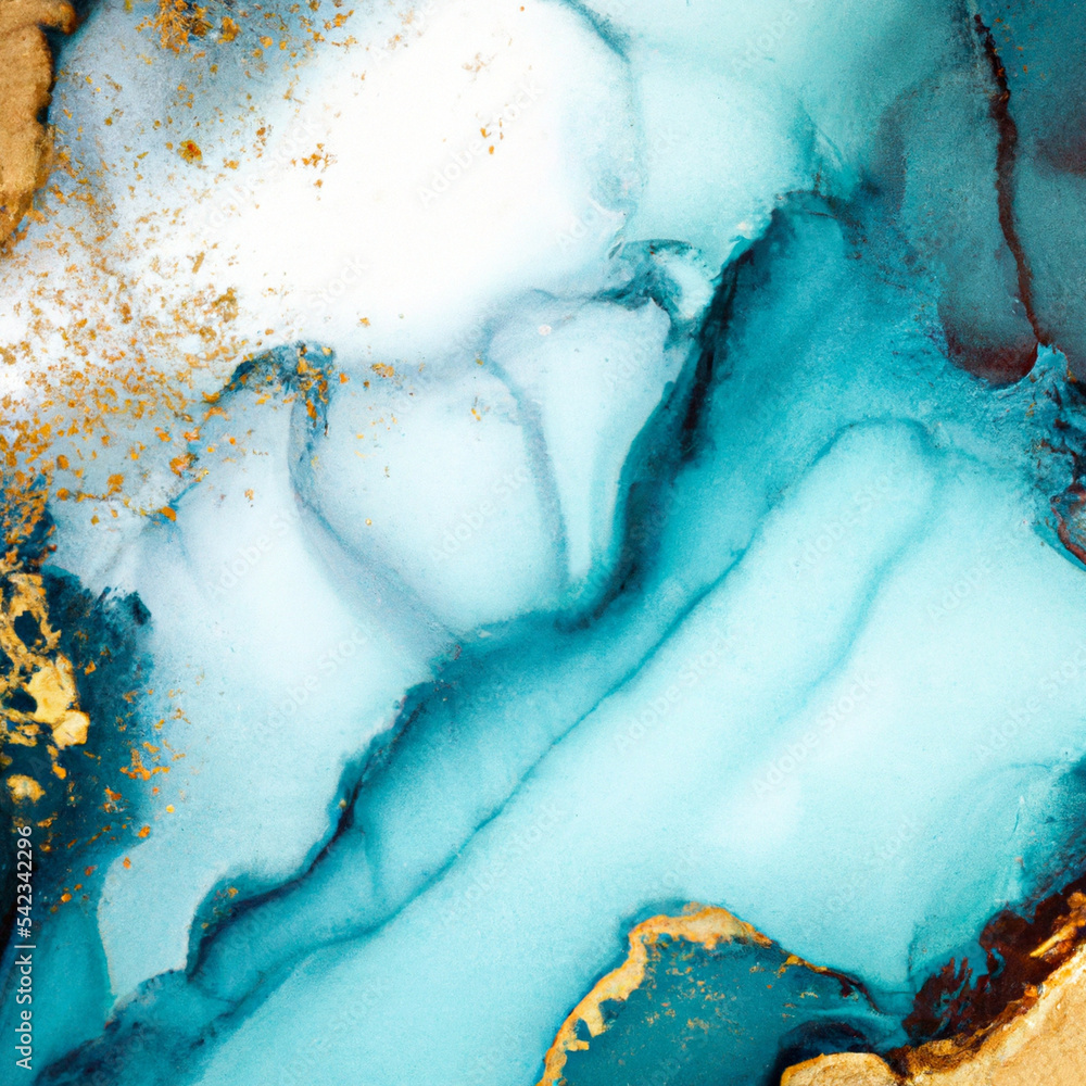 Luxury Abstract Marble Stone Cut in Blue, Turquoise, Aqua and Glowing Golden Veins Illustration