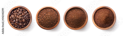 Flat lay of Roasted Coffee beans and different types of grinds coffee in wooden bowl isolated on white background. Clipping path.