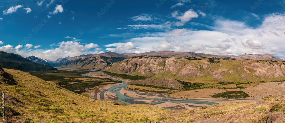 Panorama of Rio De Las Vueltas, River of turns Valley In National Park Los Glaciares, El Chalten, Patagonia Argentina