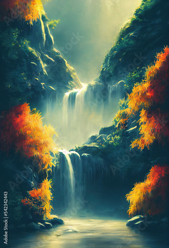 Beautiful Waterfall in Fariytale, Illustration of Natural Lush Vegetation. Masterpiece Art Background. photo