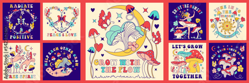 Poster, print with inspiration groovy slogans: Grow with the flow, radiate positive, help each other grow.Vintage floral tricky square stickers with witchy hippy mushrooms.Retro hippie, 60's-70's set