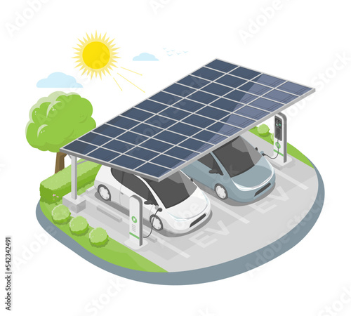 Solar cell cars parking roof ev car charging station in factory and supermarket or house isometric