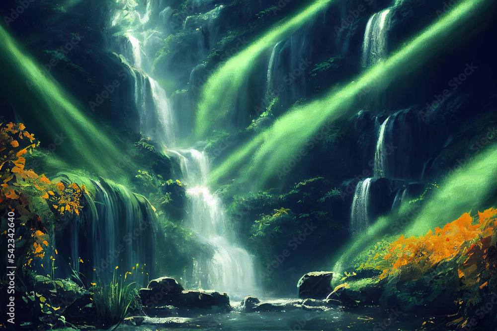 Beautiful Waterfall in Fariytale, Illustration of Natural Lush Vegetation. Masterpiece Art Background.