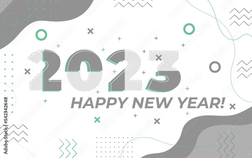 Happy new year 2023 greeting card template, Trendy typography with geometric hipster pattern in Memphis style, 2023 logo background, Applicable for banner, calendar, invitation, flyer, social media