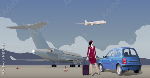 Stewardess near the car on the background of the plane. Vector.