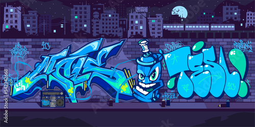 Urban Graffiti Wall With Street Artist Painting Graffiti Drawings At Night Against The Background Of The Cityscape Vector Illustration
