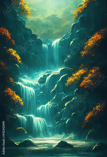 Beautiful Waterfall in Fariytale, Illustration of Natural Lush Vegetation. Masterpiece Art Background.