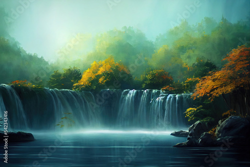 Beautiful Waterfall in Fariytale, Illustration of Natural Lush Vegetation. Masterpiece Art Background. © Uomi