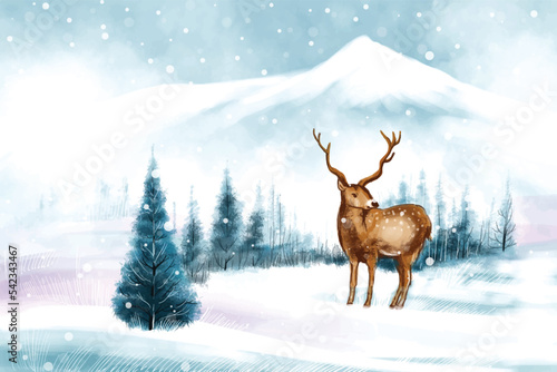 New year and christmas tree winter landscape background with reindeer © Harryarts