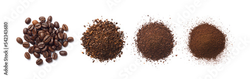 Foto Flat lay of Roasted Coffee beans and different types of grinds coffee isolated on white background