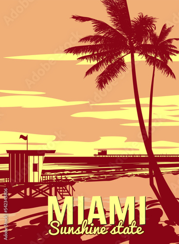 Miami Beach Retro Poster. Lifeguard house on the beach, palm, coast, surf, ocean. Vector illustration vintage