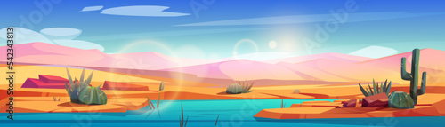 Hot desert landscape with oasis and sand dunes. Nature panorama of african desert with river or lake  plants and cactuses on shore  vector cartoon illustration