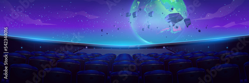 Planetarium interior with huge spherical display and many empty seats. Cartoon vector illustration of movie about space, Earth planet and asteroids on cinema screen in empty hall. Astronomy science