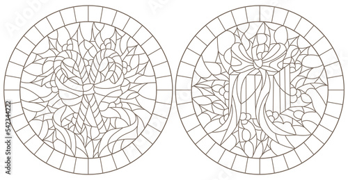 Set contour illustrations of the stained glass Windows on the theme of new year and Christmas with gift and candy