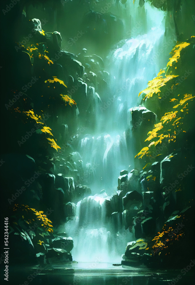 Obraz premium Beautiful Waterfall in Fariytale, Illustration of Natural Lush Vegetation. Masterpiece Art Background.